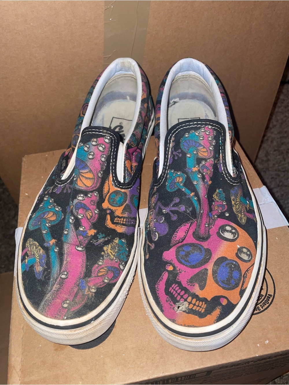 Vans Black Canvas Slip-Ons with Neon Skull Print